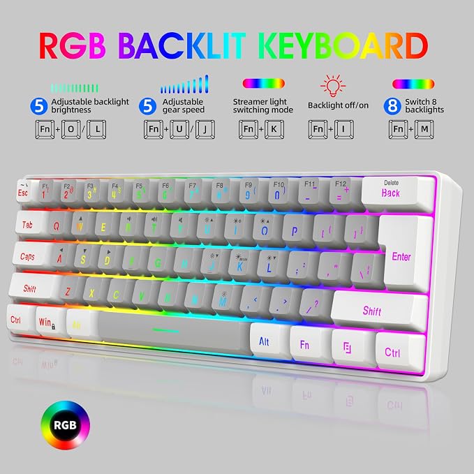 Snpurdiri 60% Wired Gaming Keyboard, 61 Keys RGB (White-Grey) | Small Ultra-Compact Backlit 60 Percent Gaming Keyboard for PC/Mac Gamer, Typist, Travel, Easy to Carry on Business Trip