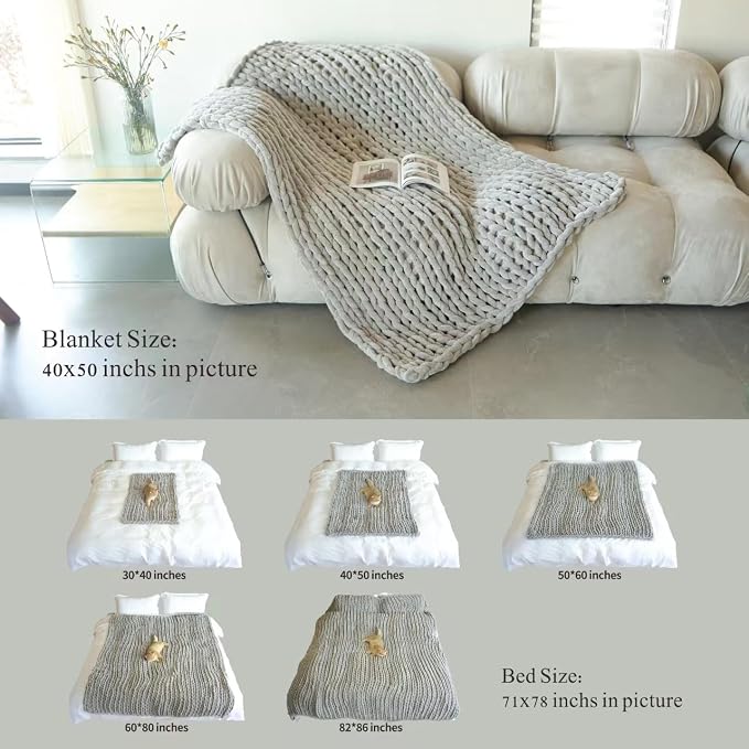 Maetoow Chenille Chunky Knit Blanket Throw （40×50 Inch）, Handmade Warm & Cozy Blanket Couch, Bed, Home Decor, Soft Breathable Fleece Banket, Christmas Thick and Giant Yarn Throws, Grey