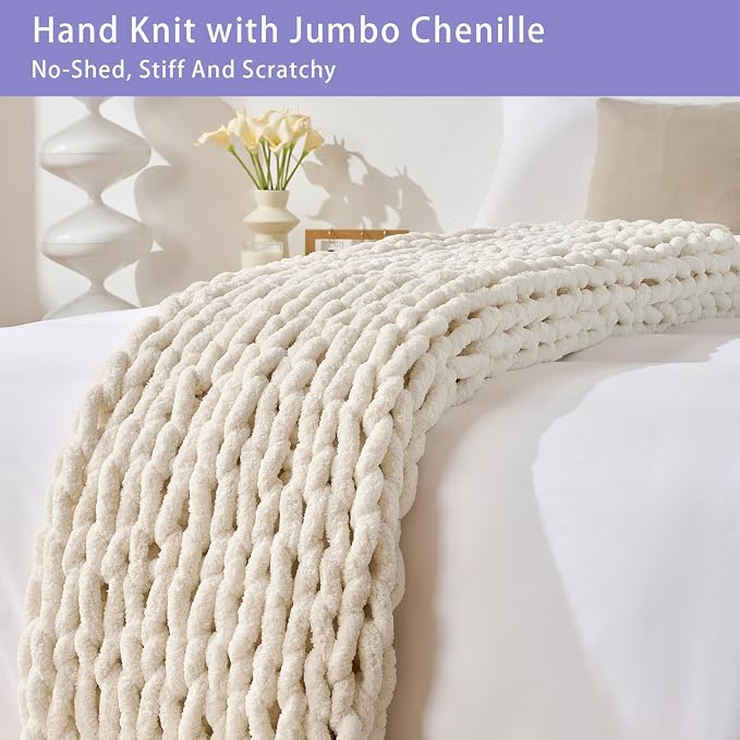 Bigacogo Chunky Knit Throw Blanket for Couch, 40x60 inches, Vintage White | Hand Knit with Jumbo Chenille, Soft Breathable Cable Knit for Sofa Bed Living Room, Machine Washable, Gift for Mom Friend