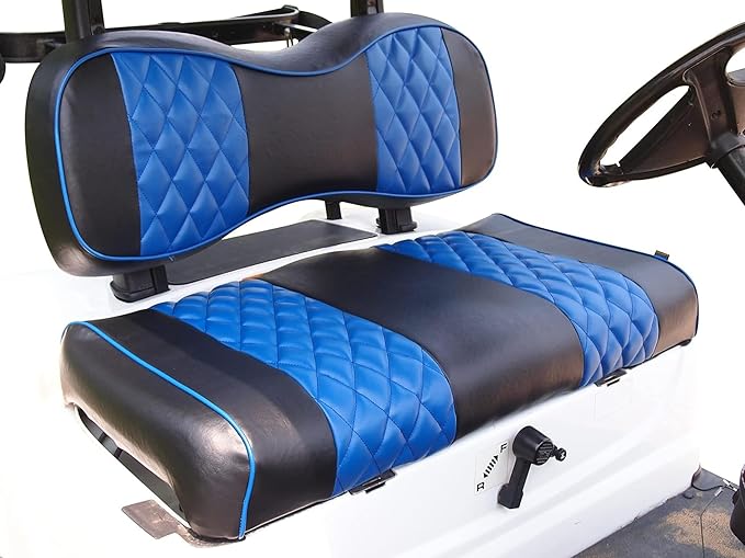 Huskey 2PCS Golf Cart Front Seat Covers for Club Car DS 2000.5 UP G&E Models Custom Two-Tone Black/Blue Diamond Stitching with Blue Piping, Marine Grade Vinyl Material, Staple on Design