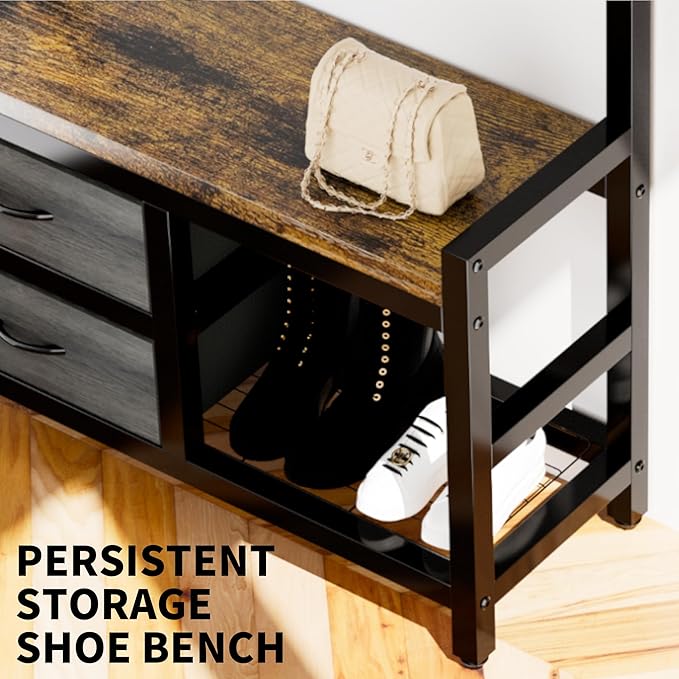 Entryway Halltree Organizer Bench Rack System Featuring Two Slide Drawers, Triple Shoe Tiers, Upper Guarded Shelf, Hanging Rod, TwentyThree Hooks, Adjustable Feet, AntiTip Hardware, Rustic Style