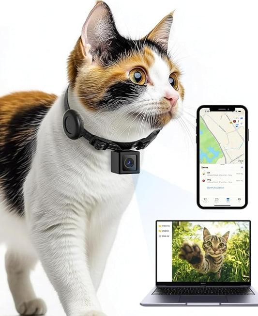 Cat Camera Collar with Tracker Tag, 1080P HD Video Recording Pet POV Cam, NO WiFi NO APP, Body Camera for Cat/Dog Tracking — Lightweight, Night Vision, Easy Playback