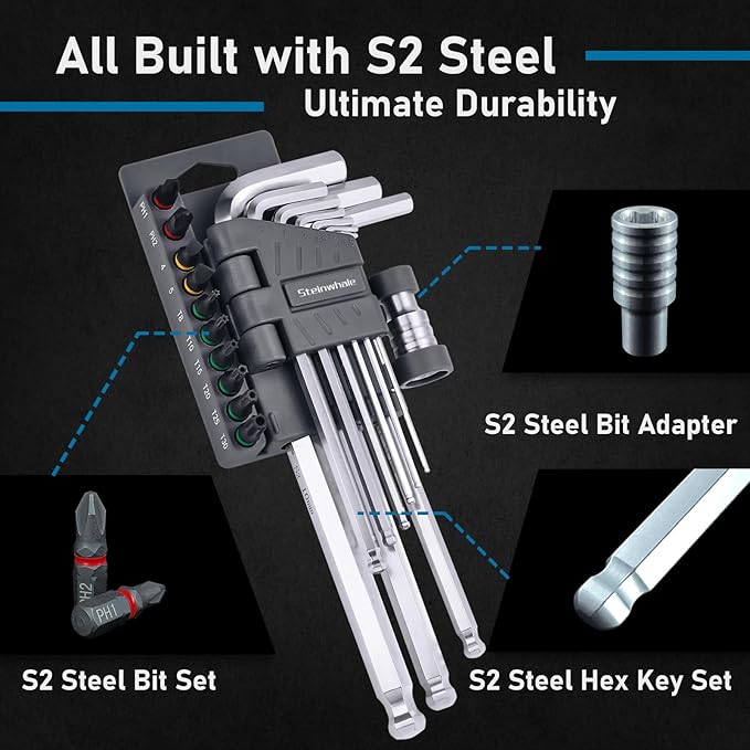 20in1 Metric Allen Wrench Set, S2 Steel Hex Key Set, Allen Key Set with Bit Adapter and Screwdriver Bits, Ball End for Tilt Operation and Chamfered Tips for Easy Entry