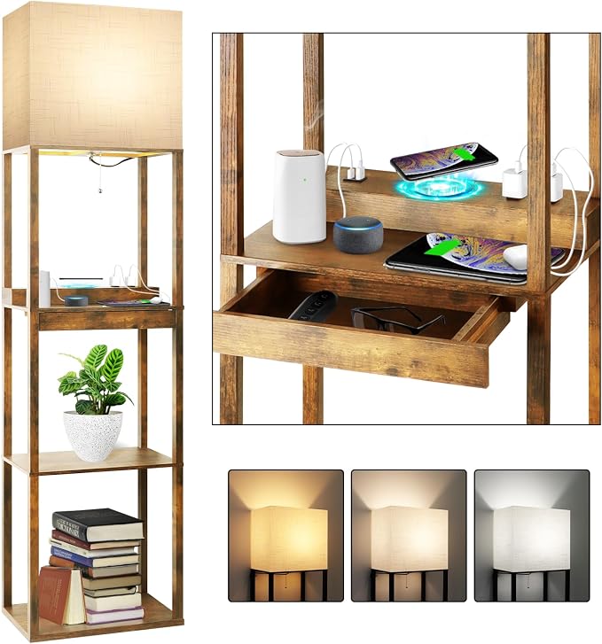 RUNTOP Floor Lamp with Shelves, Plus Shelf Lamp with Wireless Charger, 2 USB Port and Outlet, 1 Drawer, 15W LED Bulb, 3 Colors, Memory Function, Floor Lamps for Living Room, Standing Lamp for Bedroom