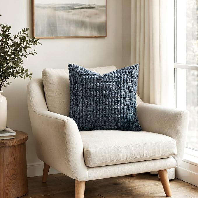 MIULEE Pack of 2 Corduroy Decorative Throw Pillow Covers 16x16 Inch Soft Boho Striped Pillow Covers Modern Farmhouse Home Decor for Summer Coastal Sofa Living Room Couch Bed Blue