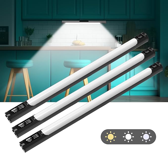 Under Cabinet Lights, 3 Color Dimmable Motion Sensor Light Indoor, 14 Inch Wireless Closet Lights 64 LED with Digital Display, 3600mAh Rechargeable Battery Operated Under Counter Light