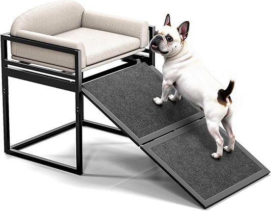 AZV Non Slip Dog Stairs Ramps for High Bed,Extra Wide Seat Chairs Mate for Small Puppy,Metal Frame Steps for Doggie to Get on Bed with Platform,Office Window Old Doggy Couch,Dachshunds Ladder Khaki