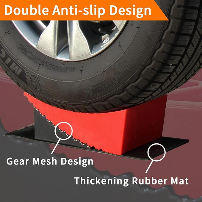 OULEME RV Leveling Blocks, Camper Leveler, 2 Packs for Dual Axle Tandem Wheel Travel Trailer Motorhome, Include 2 Curved Leveler Ramp, 2 Chock, 2 Rubber Mat, 1 T Bubble Level, 1 Storage Bag