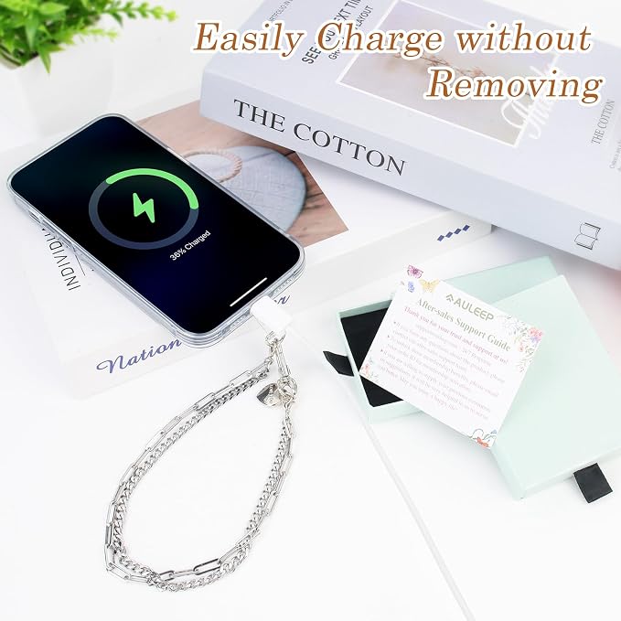 AULEEP Phone Chain Wristlet Strap,Double Metal Phone Charm with Tether Tab,Detachable Cellphone Wrist Strap Universal Silver Hands-free Anti Theft Hand Chain