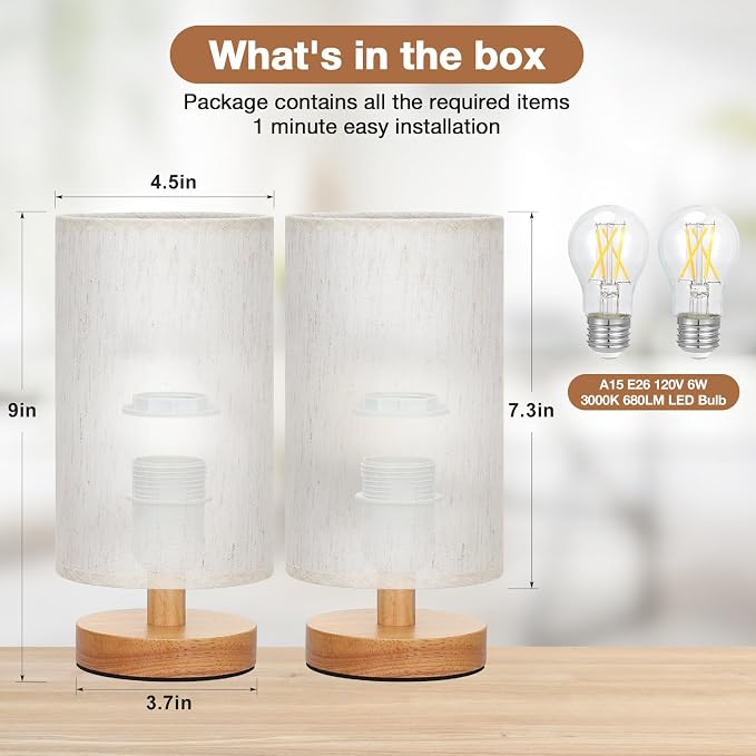 Fenmzee Small Lamps Set of 2 (Cream Shade - Wood Base, 9" Inline Control) | Two 3000K LED Blubs Included | 680 Lumens | Easy Assembly | Minimalist Design | E26 | for Kitchen | for Kids Room