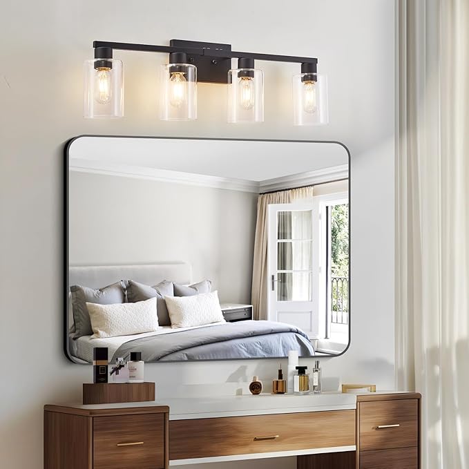 4 Light Bathroom Vanity Light Fixtures, Black Farmhouse Bathroom Vanity Light with Clear Glass Shade, Bathroom Lighting Fixtures Over Mirror, Vanity Lights for Bathroom Mirror