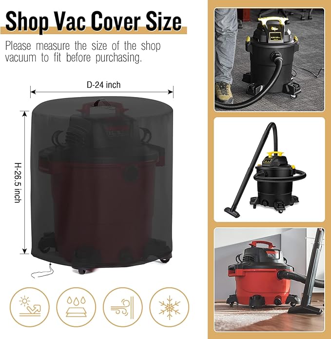 Kingling Cover for Shop Vac, Wet and Dry Shop Vacuum Cleaners Dust Cover Protection for 12-16 Gallon Shop Wet Dry Vacuums Black - 24''D x 26.5''H