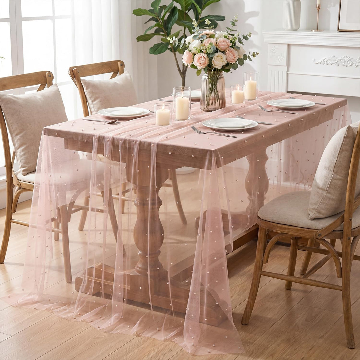 Horaldaily Pink Pearl Pink Gauze Tablecloth 60×84 Inch Rectangular, Spring Summer Tulle Lace Cheesecloth, Bridal Shower Table Cover for Wedding Birthday Table Decor