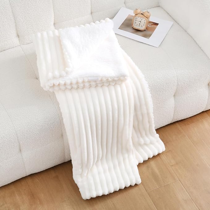 Cream White Sherpa Fleece Throw Blanket 50”×60” for Couch Sofa | Double Side Soft Fuzzy Cozy Plush Thick Flannel Blanket with Striped Design Gift for Adults,Woman