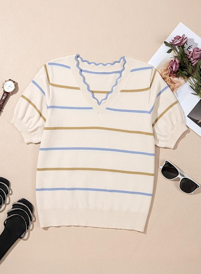 Dokotoo Womens Summer Short Sleeve Knit Tops 2026 Spring Trendy Casual V Neck Striped Sweater Blouses