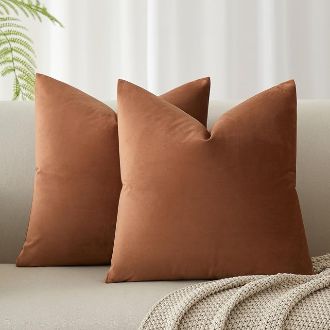 22x22 Decorative Velvet Throw Pillow Covers Set of 2 for Couch,Mocha Mousse | Soft Cushion Cases with Invisible Zipper for Modern Sofa Bed Living Room Bedroom Home Decor
