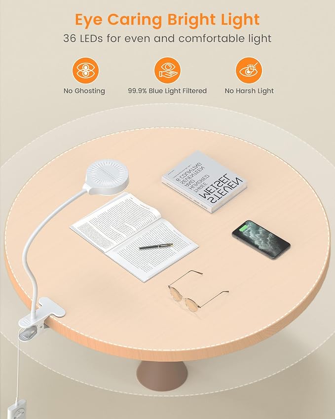 Glocusent 5W Desk Lamp with Remote, 3 Colors & 5 Brightness Reading Lights | Flexible Gooseneck Clip on Lamp, 30-Min Timer Reading Lamp, Perfect Clip on Light for Bunk,Bed,Headboard,Table,Work,Craft