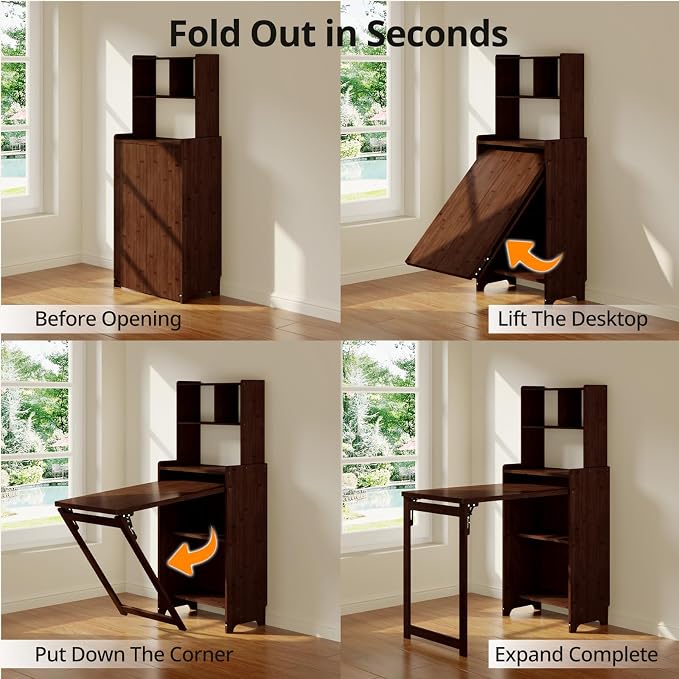 Bamboo Folding Desk with Bookshelf, Foldable Desk for Small Spaces, Brown | Space-Saving Computer Desk with Storage, Compact Size, Writing Study Table for Home Office, Bedroom, Dorm, Apartment