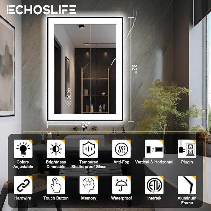 24x32 LED Bathroom Mirrors for Wall -Black Aluminum Framed (Front and Backlit), Anti-Fog Vanity Mirror With Lights,Stepless Dimmable Lighted Mirror,3 Colors Smart Mirror(Horizontal/Vertical)