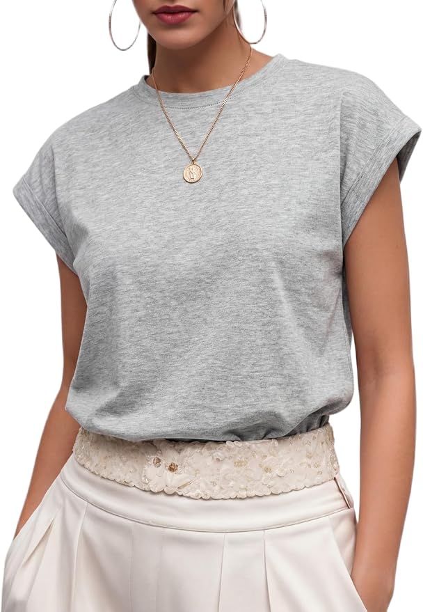 GRECERELLE Womens Summer Tops Cap Sleeve Crew Neck Basic T-Shirt | Everyday Casual Wear, Layering Friendly, Wrinkle-Resistant, Business Casual Ready, Lightweight & Packable, Capsule Wardrobe