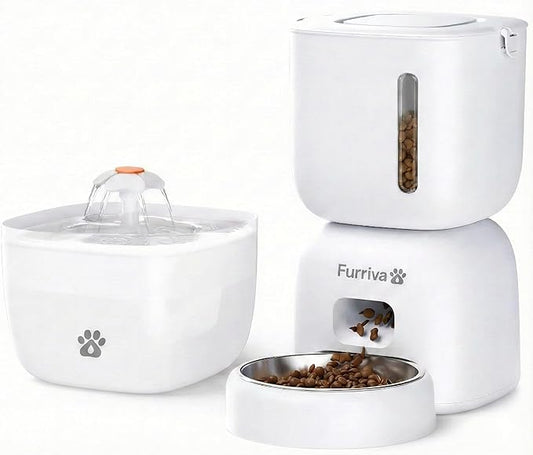 Automatic Cat Feeder and Water Fountain Set - 3L Food Dispenser with Locking Lid, Plug-in/Battery Powered, Programmable Portion Control, up to 4 Meals/Day, 10s Voice Recorder - for Cats and Small Dogs