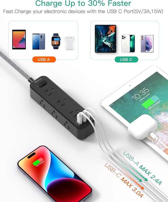 Mifaso Extension Cord, Surge Protector Power Strip, Long Power Strip with 9 Outlets 3 USB Ports, Extension Cord with Multiple Outlets, USB Power Strip for Dorm Room Essentials, College (25FT,Black)
