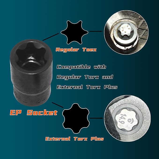 Torx Plus Socket Set, External Torx Plus 6 Point EP Socket EP4 - EP32 19Pcs With 1/2'' 3/8'' 1/4'' Dr, Replacement for E-TORX Socket Set, Works with Most Cars and Tesla