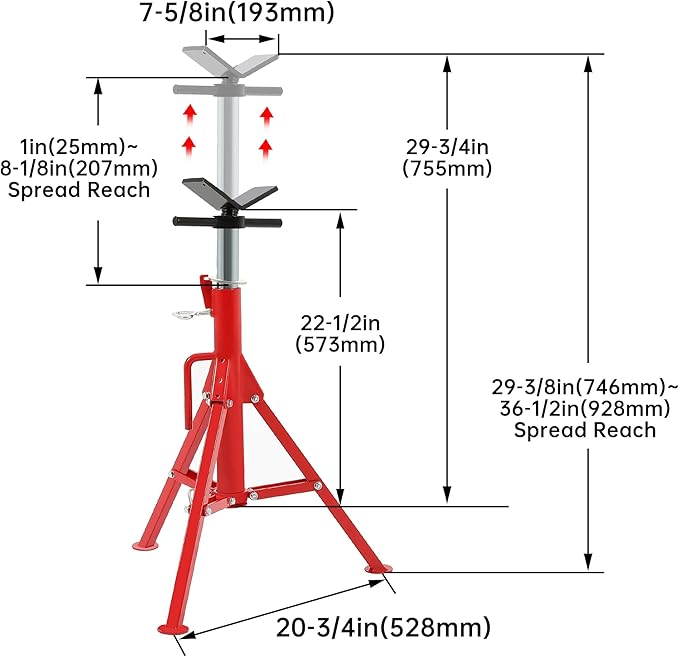 ECOTRIC V-Head Jack Stand Adjustable Height 28"-52" Folding Pipe Stand 2500 lbs Load Capacity Portable Stability Stand Steel Red