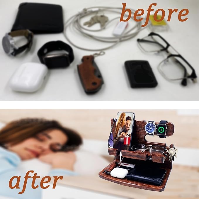 Gifts for Men Women Dad Husband Boyfriend Wood Phone Docking Station Nightstand Organizer for Men Birthday Gifts (Dark Brown)