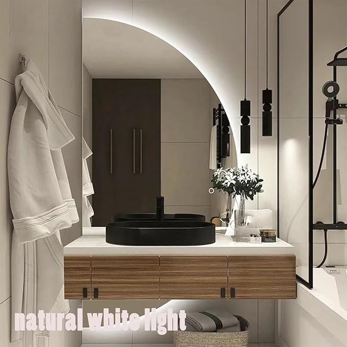 Half Moon LED Bathroom Mirror -Half Moon Mirrors for Wall,Frameless Backlit Smart Vanity Mirrors.3-Color Dimmable,Anti-Fog (Right Semicircle, 20 * 39in/50 * 100cm)