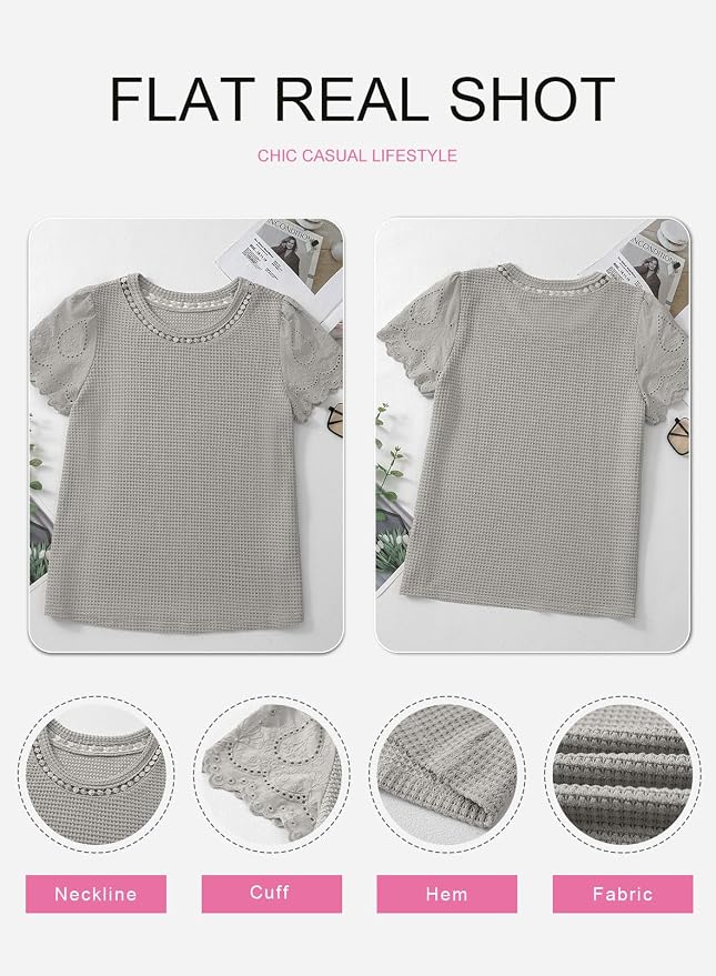 SHEWIN Womens Frenchy Summer Tops Crewneck Short Sleeve T Shirts Casual Waffle Knit Jacquard Blouses Top Shirts