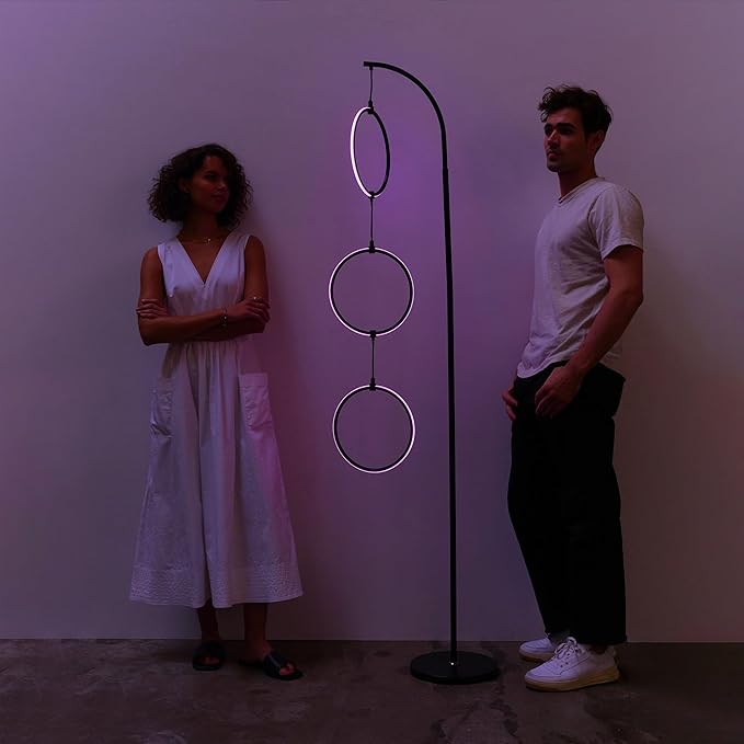 Brightech Nova Modern Color Changing Floor Lamp - LED Lamp with Stunning RGB Color Gradient and Contemporary 3-Circle Ring-Style Pendant - Corner or Over-The-Couch Arching Pole Standing Lamp - Black