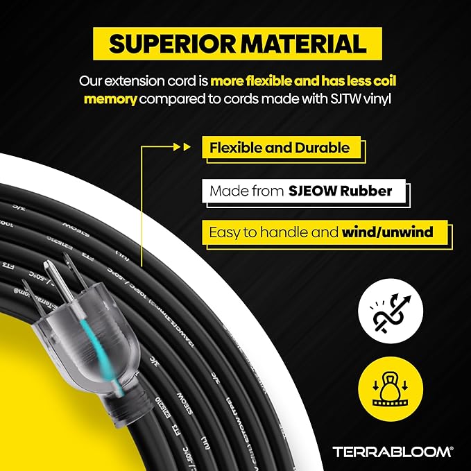 TerraBloom 12/3 Heavy Duty Extension Cord 100 FT Outdoor - Black Outdoor Extension Cord Multiple Outlet - Ultra-Flexible SJEOW Rubber, Light Indicator, Triple Outlet for Maximum Efficiency - 15 Amp
