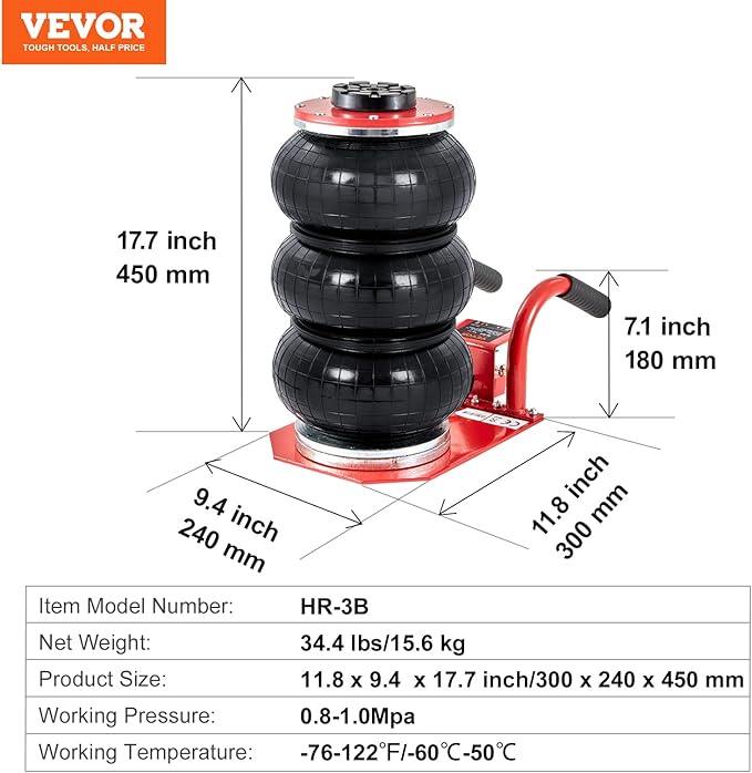 VEVOR Air Jack, 3 Ton/6600 lbs Triple Bag Air Jack, Air Bag Jack Lift Up to 15.75 Inch, 3-5S Fast Lifting Air Bag Jack for Cars with Short Handle (Red)