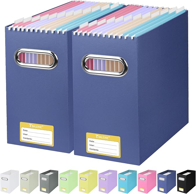 BALEINE File Organizer Box, Cardboard File Folder Organizer with Handle for Letter Size, Portable Collapsible Hanging Filing Box for Home Office Document Storage (2 Pack, Navy)