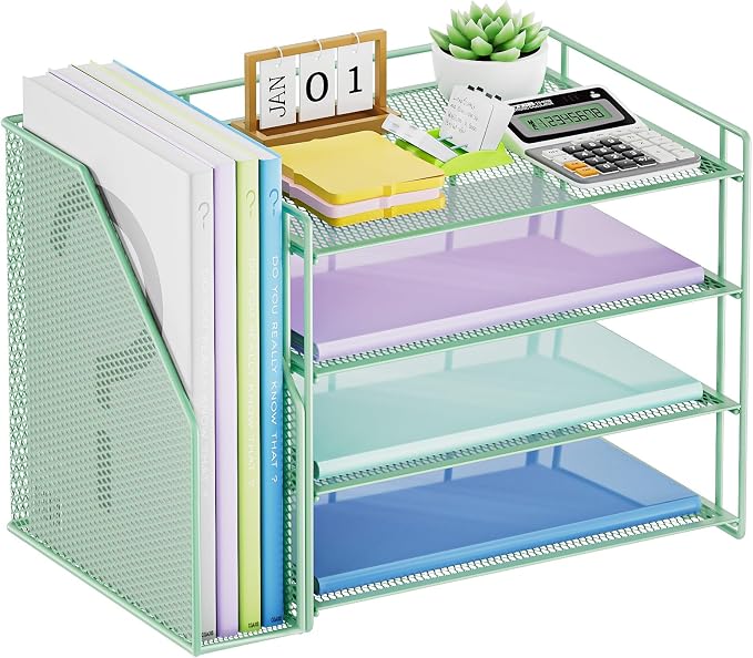 Marbrasse 4-Tier Paper Tray Organizer with File Holder, Green | Sturdy Paper Tray, Built-in File Holder, fits Letters/Docs, Saves Desk Space, for School/Office/Home