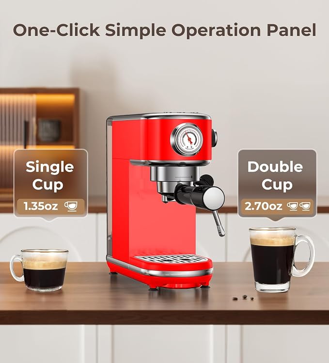 atatix 20 Bar Espresso Machine with Milk Frother, Compact Espresso Maker | Stainless Steel Coffee Machine with Precise Temp Control & 44oz Removable Water Tank for Latte, Cappuccino, Red