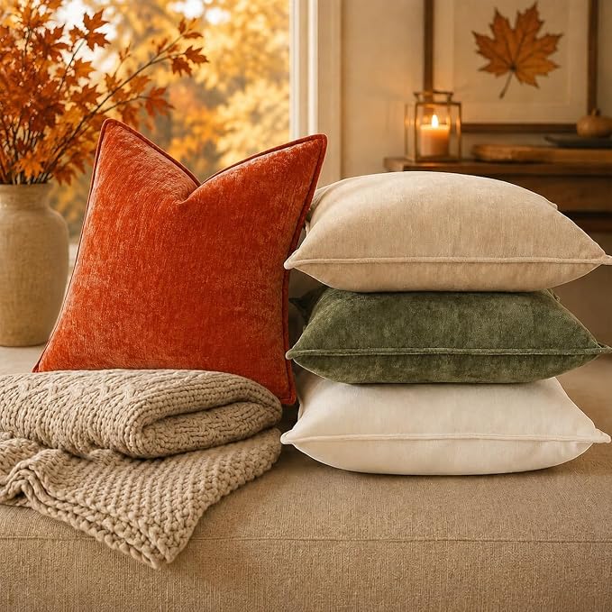 decorUhome Chenille Rust Velvet Throw Pillow Covers 16x16 Set of 2 | Fall Soft Couch Decorative Modern Farmhouse Pillow Cases with Elegant Design for Sofa Bed Living Room Home Decor