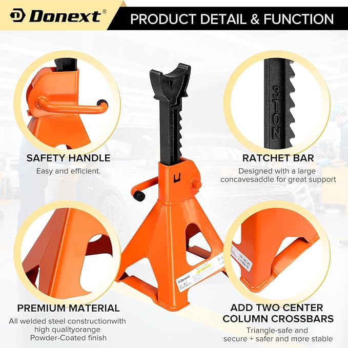 Donext Jack Stands 3 Ton (6,500 lb) Capacity Steel, 1 Pair Orange Lifting Stand Adjustable Jack Stands