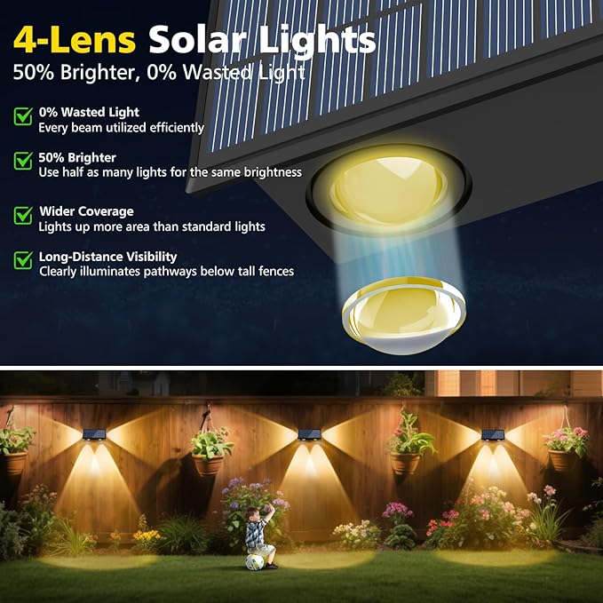 T-SUN Solar Fence Lights Waterproof LED Wall Lights Outdoor with 2 Bright Modes Warm White Solar Powered Dusk to Dawn Fence Light for Backyard Railing Patio Porch Pool 4 Pack