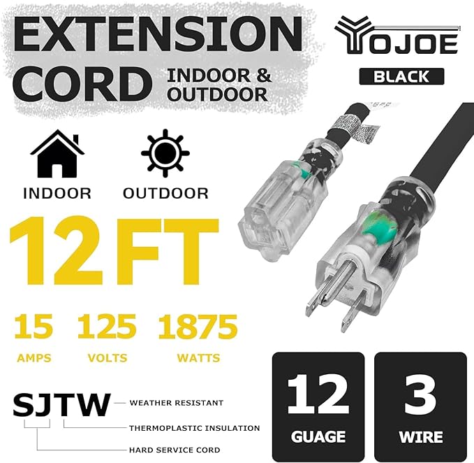 YOJOE Indoor Outdoor Extension Cord with Lighted End, 3 Prong 15A Weatherproof Power Cord, 12 Gauge Heavy Duty 12 ft Black Extension Cord for Garage, Garden and Home, 12/3 SJTW UL Listed
