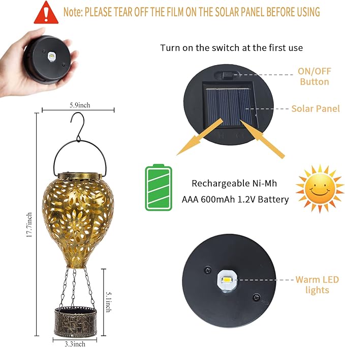 Hot Air Balloon Solar Lantern,Hanging Lantern Outdoor Waterproof Decorative Metal LED Solar Lights for Trees Patio Garden Yard Porch Decor, Gold