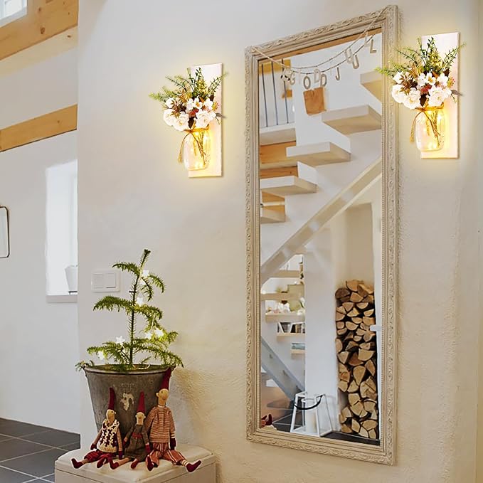 Rustic Wall Sconces Mason Jar Sconces Handmade Wall Art Hanging Design with Remote Control LED Fairy Lights and White Peony, Christmas Decor Gifts Farmhouse Home Decor Living Room Lights Set of Two