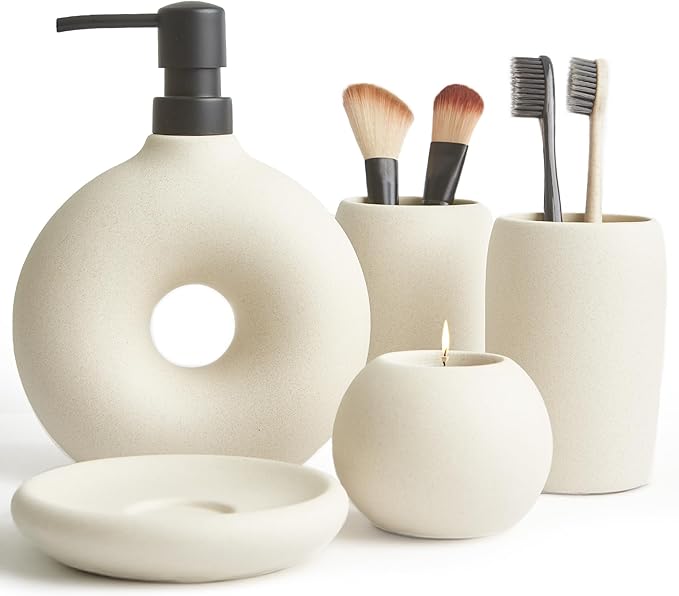Ceramic Bathroom Accessory Set, 5 Pcs - Soap Dispenser 16 Oz, Toothbrush Cup, Toothbrush Holder, Soap Dish, Candle Holder - Beige, Boho Bathroom Sink Decor, Modern Countertop Accessories