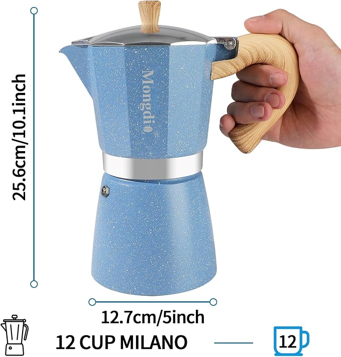 Mongdio Stovetop Espresso Maker Moka Pot, Cuban Coffee Maker Stove top coffee maker Moka Italian Espresso Greca Coffee Maker Brewer Percolator, 12 Espresso Cups, 20 oz - Blue