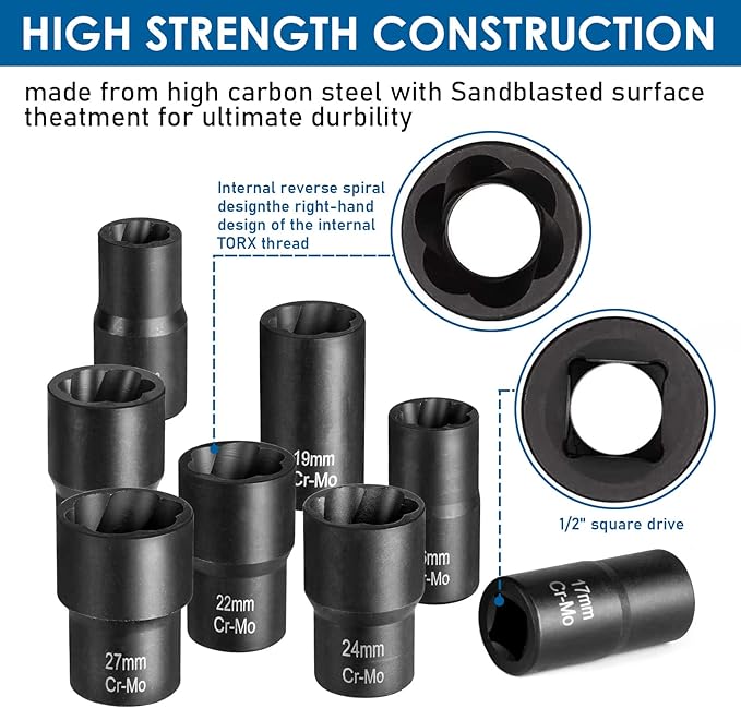 Lug Nut Removal Tool,10 Piece Lug Nut Extractor Set 1/2 Inch Drive, Easy Out Lug Nut remover for Damaged, Frozen, Studs, Rusted, Rounded-Off Bolts & Nuts Screws