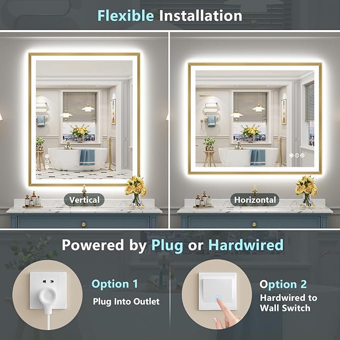 48x30 Gold Beveled LED Bathroom Mirror with Lights, Brushed Gold Framed Backlit and Front Lit Anti-Fog Lighted Vanity Mirrors for Bathroom Wall, Dimmable, 3 Colors, Memory, HD Tempered Glass