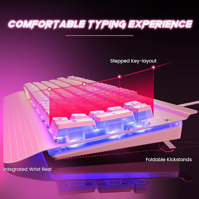 Pink Creamy Keyboard, 104 Keys All-Metal Panel, Rainbow LED Backlit Silent Gaming Keyboard, Wrist Rest, PBT Keycap, Anti-ghosting Keys, Light Up USB Wired Computer Keyboard for PC | Pink Creamy Keyboard Rainbow LED Backlit, Wrist Rest, PBT keycaps, Ant...