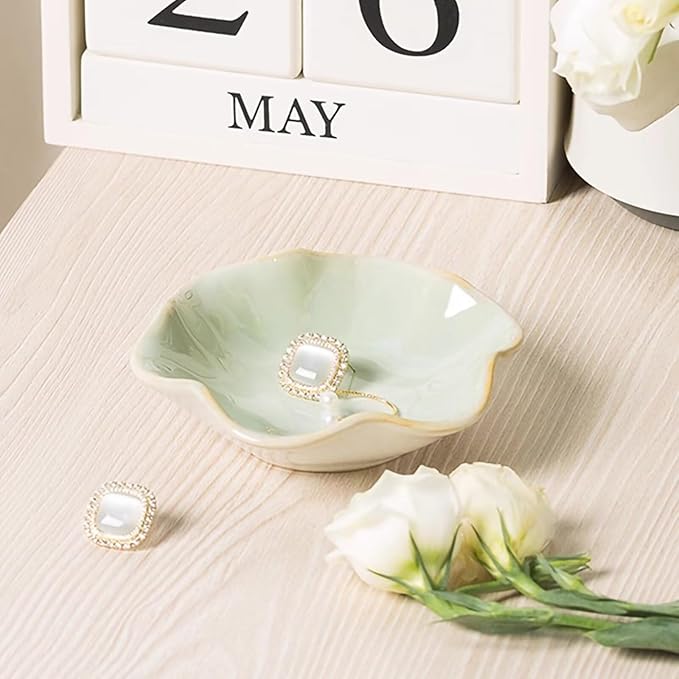 2Pcs Ceramic Jewelry Dish - Lotus Leaf Shape, for Ring Holder Necklace Small Key, Suitable for Mother Friend Sister, Gifts for Women, Cute Plate Trinket Tray, Home Decor (Green & Blue)