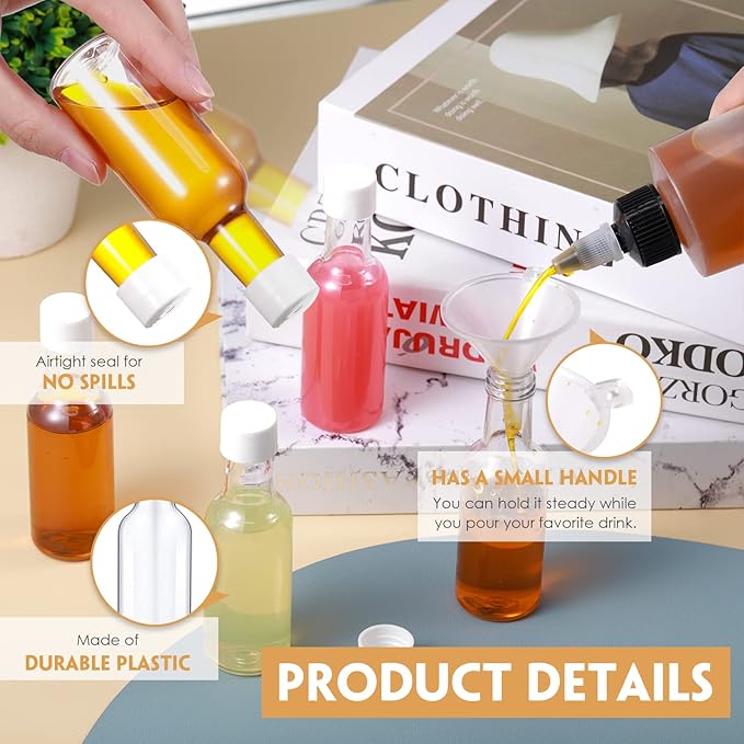 Patelai 100 Pcs Mini Liquor Bottles Set, 50ml (1.7oz) Plastic Empty Spirit Bottles for Party, Alcohol Shot Containers with Caps, 6 Liquid Funnels and 100 Kraft Tags with 65 ft Ropes, White Caps